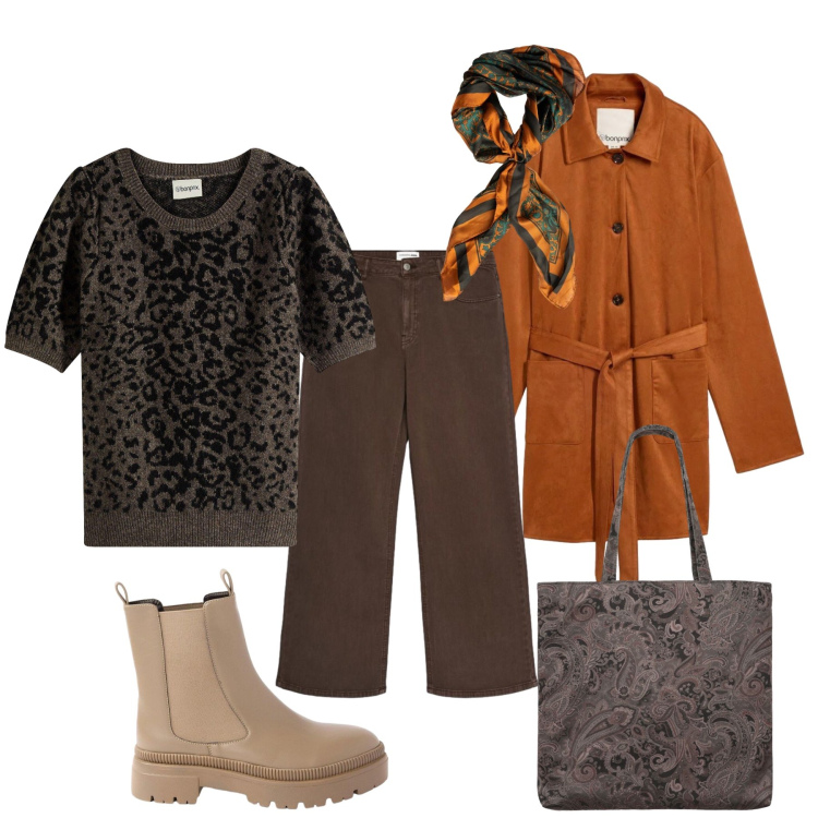 Outfit donna - Eleganza monocromatica autunnale. Stile Urban per Tutti i giorni. Abbinamento con maglieria, stivaletti, trench, jeans, borse tote, foulard.