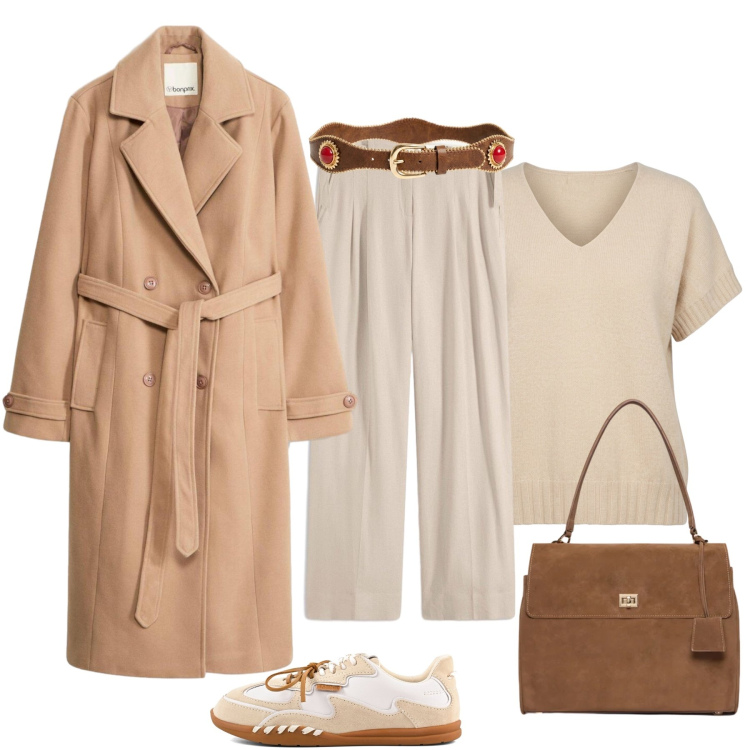 Outfit donna - Trench protagonista. Stile Trendy per Tutti i giorni. Abbinamento con pantaloni a palazzo, trench, borse a mano, cinture, maglieria, sneakers.