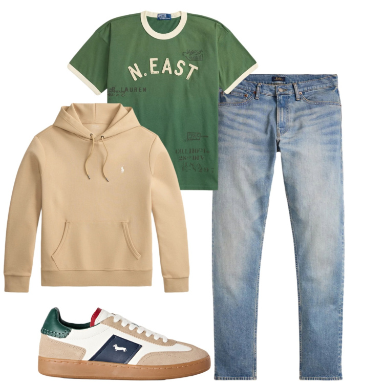 Outfit uomo - Settembre. Stile Casual per Tutti i giorni. Abbinamento con sneakers, felpe con cappuccio, jeans, t-shirt.