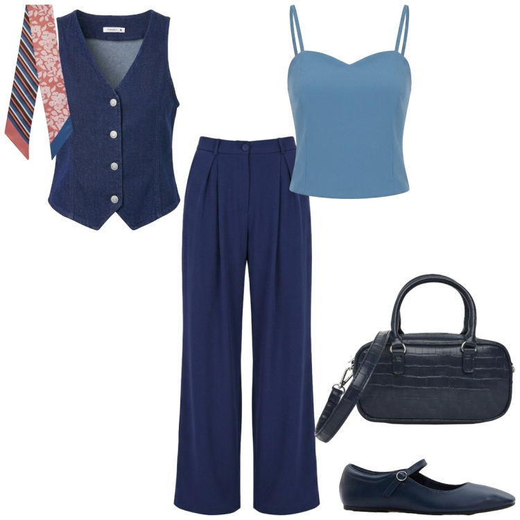 Outfit donna - Weekend. Stile Chic per Tutti i giorni. Abbinamento con ballerine, gilet, borse a tracolla, pantaloni a palazzo, canottiere, foulard.