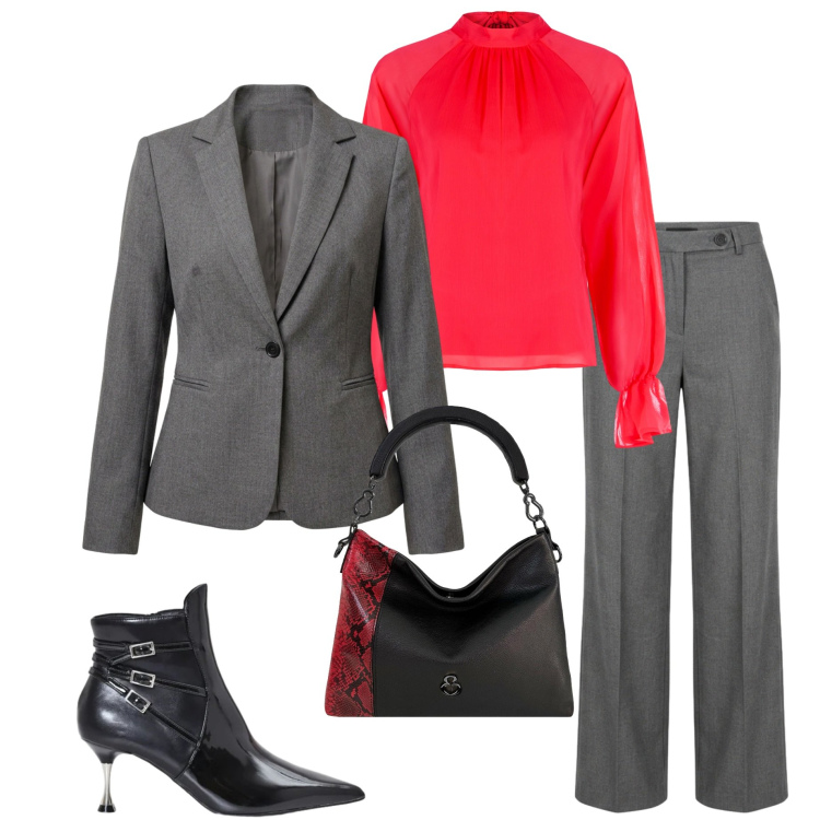 Outfit donna - Pantaloni palazzo e blusa in seta. Stile Casual chic per Ufficio. Abbinamento con bluse, stivaletti, borse a mano, blazer, pantaloni a palazzo.