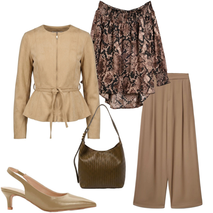 Outfit donna - Pantalone palazzo e blusa in seta. Stile Casual chic per Ufficio. Abbinamento con bluse, décolleté, pantaloni a palazzo, blazer, borse a spalla.