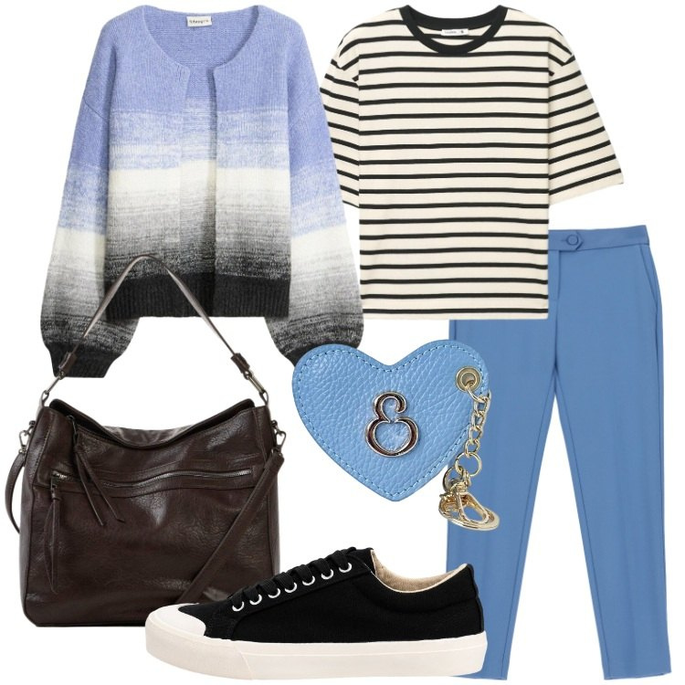 Outfit donna - Weekend Fuori Porta. Stile Basic per Tutti i giorni. Abbinamento con cardigans, shopping bag, sneakers, t-shirt, pantaloni, portachiavi.