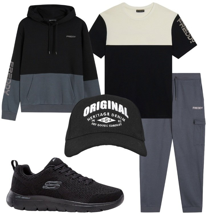 Outfit uomo - Una passeggiata al parco. Stile Casual per Sport. Abbinamento con pantaloni cargo, felpe con cappuccio, t-shirt, cappelli con visiera, sneakers.