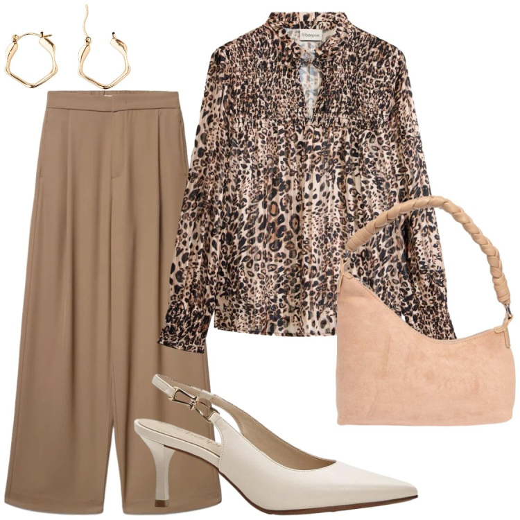 Outfit donna - A lavoro. Stile Chic per Ufficio. Abbinamento con orecchini, décolleté, bluse, pantaloni a palazzo, portafogli.