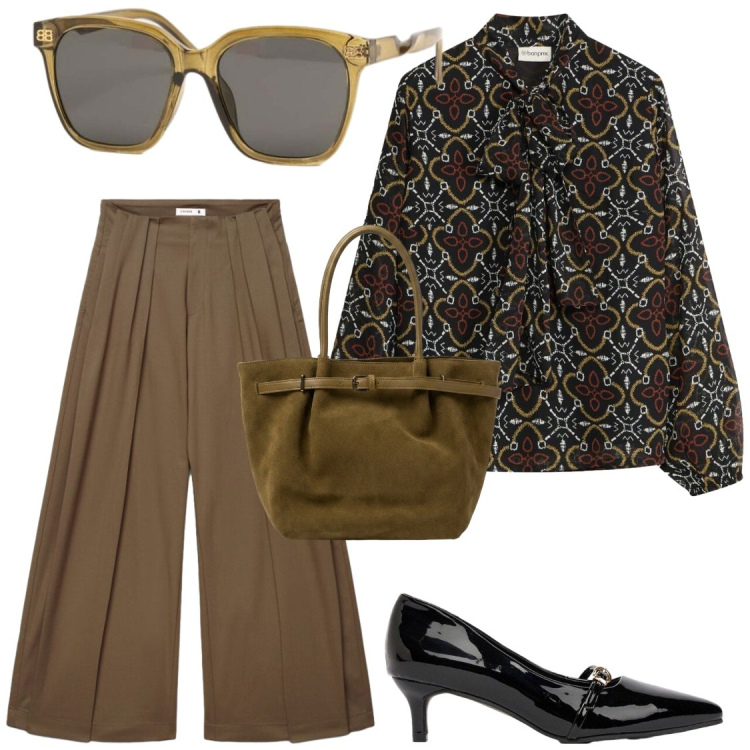 Outfit donna - La blusa che fa la differenza. Stile Chic per Ufficio. Abbinamento con bluse, décolleté, pantaloni a palazzo, borse a spalla, occhiali da sole.