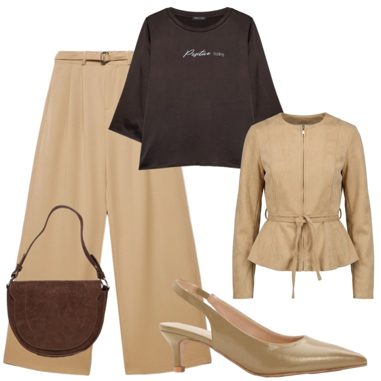 Outfit donna - Freddo al mattino. Stile Chic per Ufficio. Abbinamento con décolleté, pantaloni a palazzo, bluse, blazer, borse a spalla.