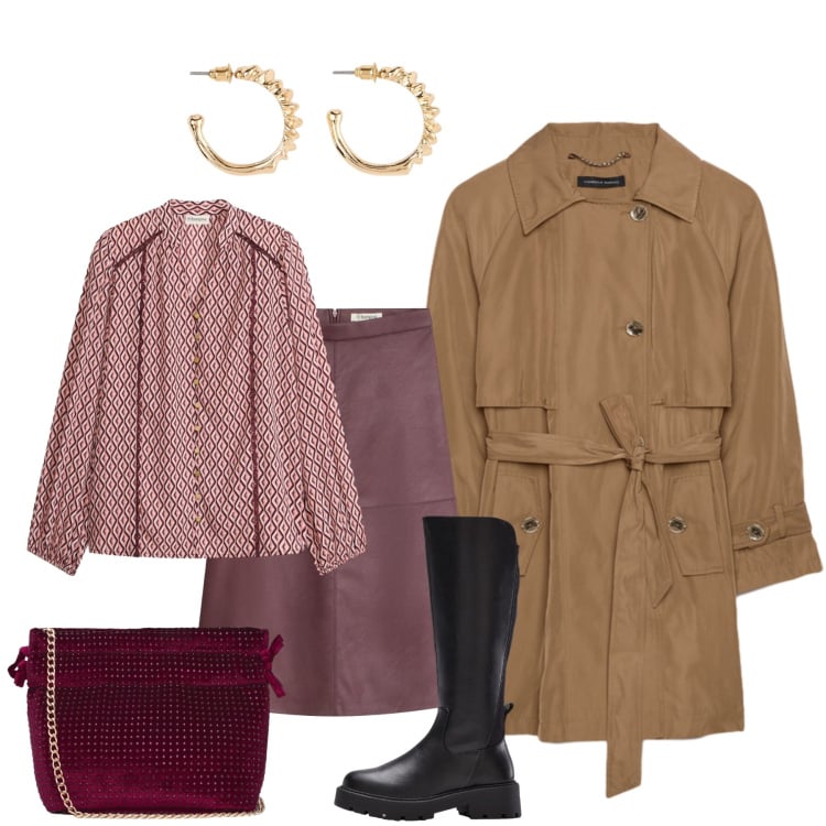 Outfit donna - In città. Stile Bon Ton per Ufficio. Abbinamento con gonne longuette, tuniche, stivali, orecchini, borse a tracolla, trench.