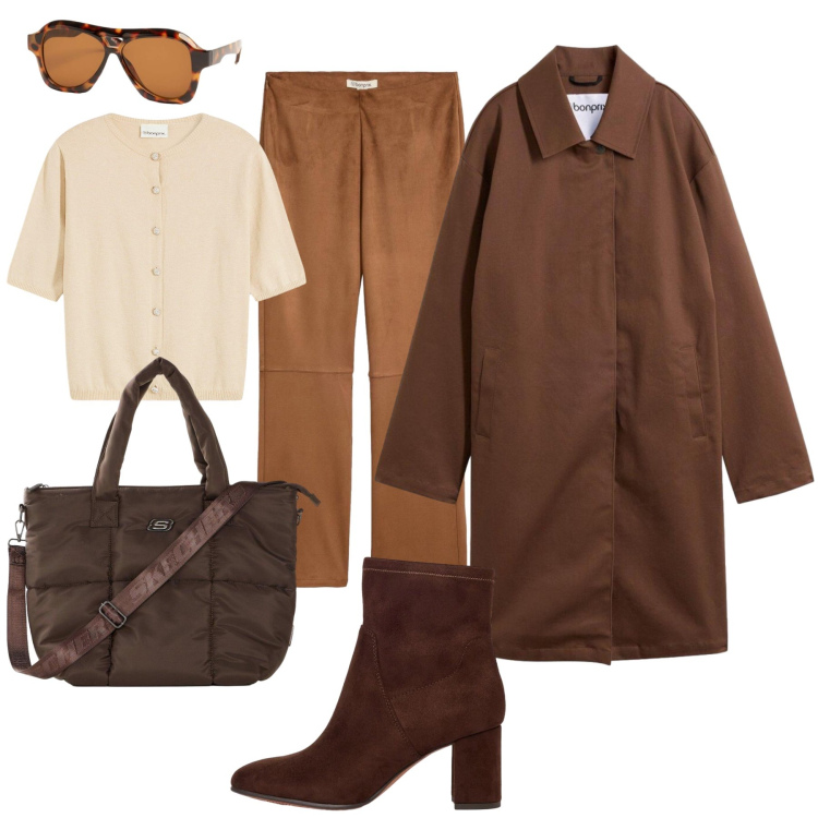 Outfit donna - Trench leggero e toni caldi. Stile Casual chic per Ufficio. Abbinamento con pantaloni, trench, cardigans, shopping bag, stivaletti, occhiali da sole.