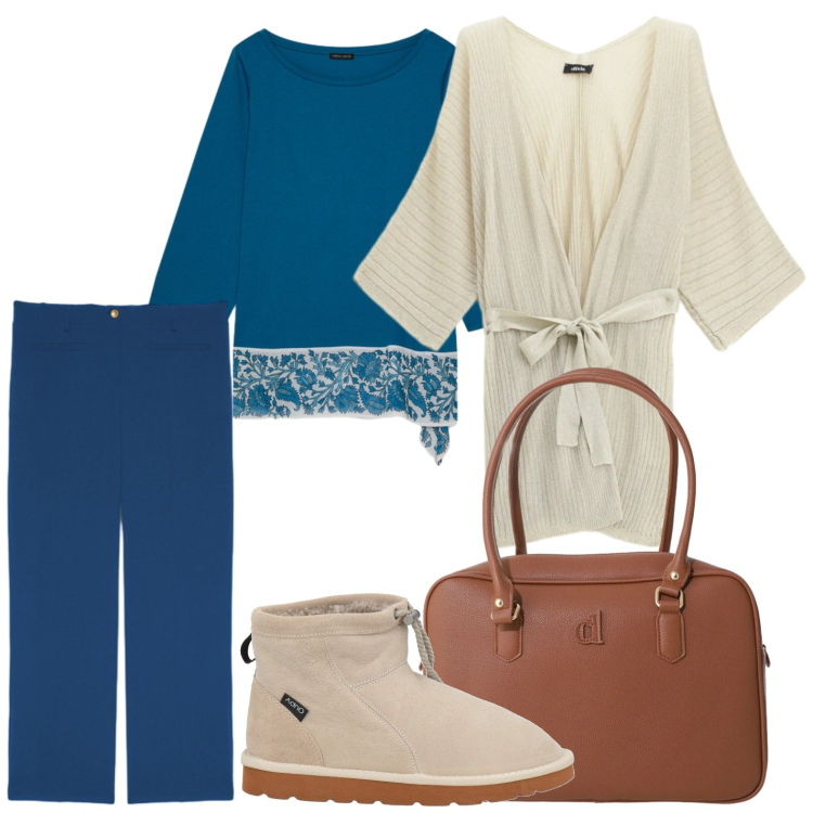 Outfit donna - Cardigan corto. Stile Glamour per Tutti i giorni. Abbinamento con stivaletti, borse a mano, cardigans, t-shirt, pantaloni.