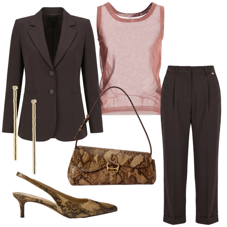 Outfit donna - Total look #2475382. Stile Chic per Serata fuori. Abbinamento con top, pantaloni, blazer, borse a tracolla, orecchini, décolleté.