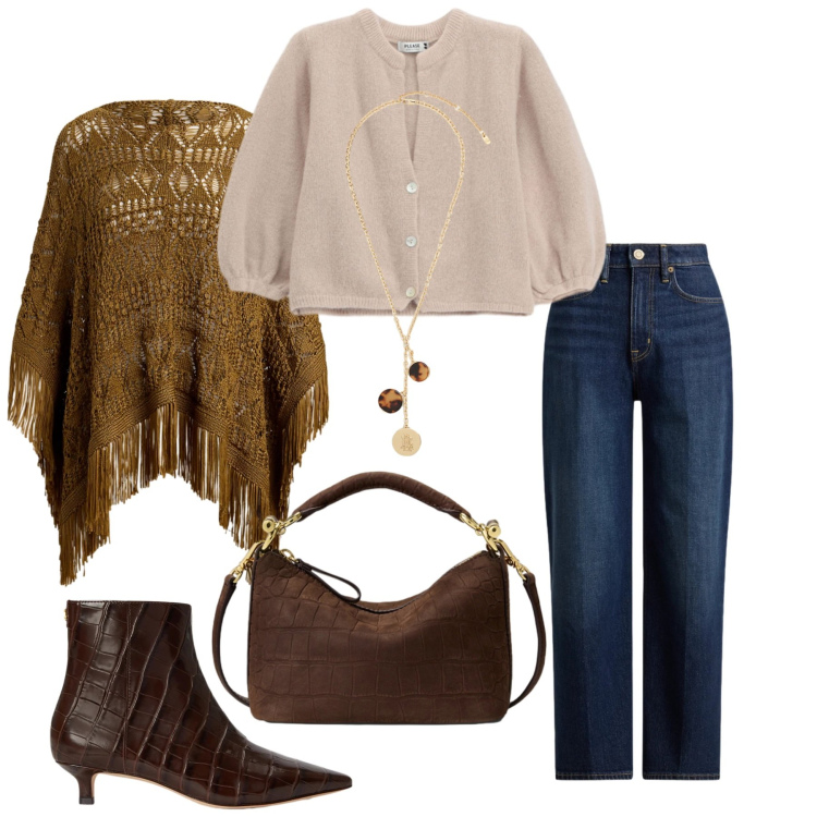 Outfit donna - Total look #2475384. Stile Casual chic per Ufficio. Abbinamento con cardigans, collane, cappotti, stivaletti, jeans dritti, borse a spalla.
