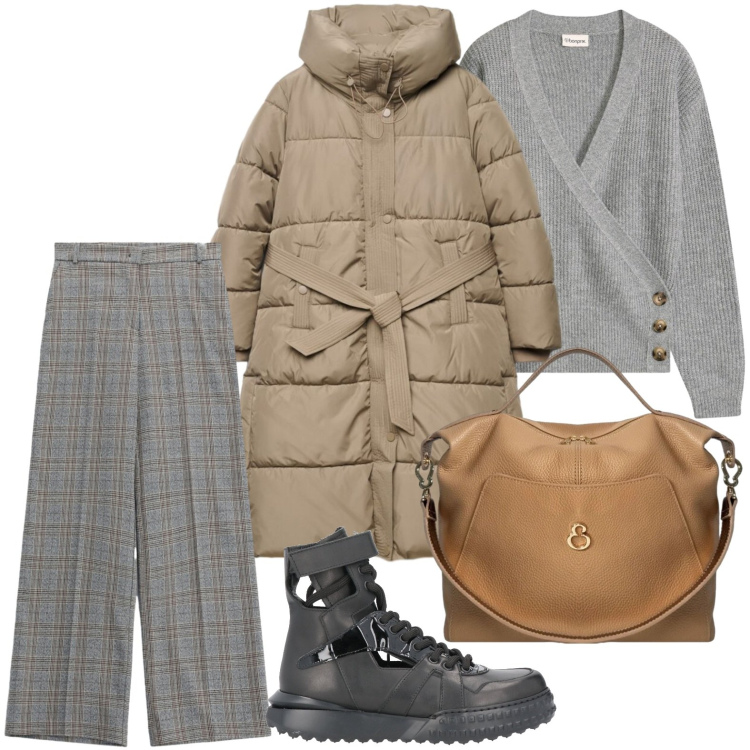 Outfit donna - Verso l\'autunno. Stile Casual per Ufficio. Abbinamento con stivaletti, maglieria, piumini, pantaloni a palazzo, borse a mano.