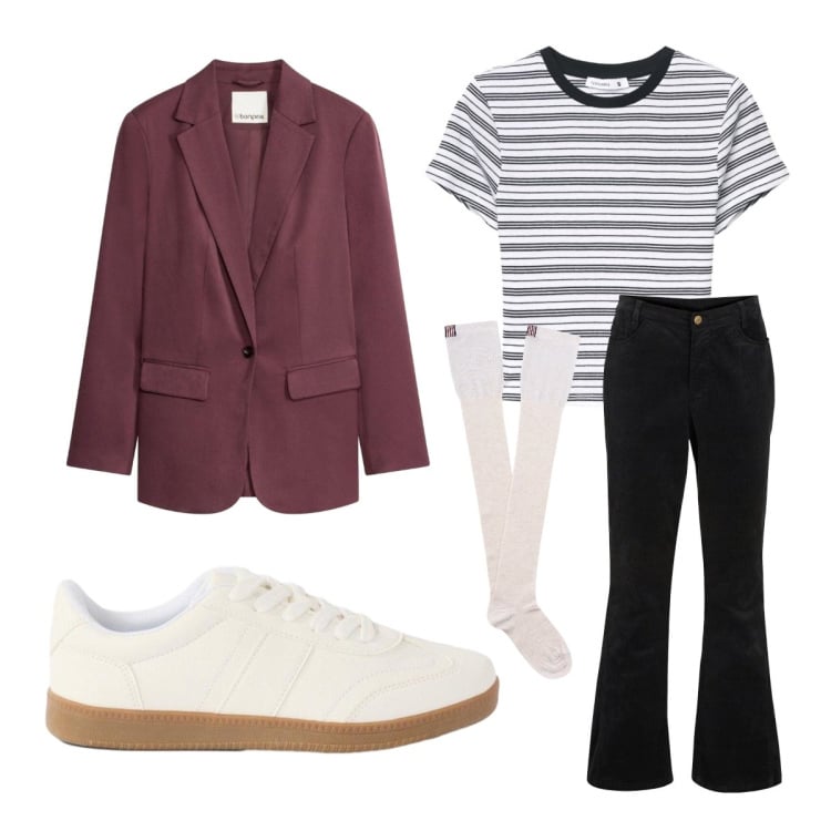Outfit donna - A pranzo con le colleghe. Stile Casual per Tutti i giorni. Abbinamento con sneakers, pantaloni, blazer, calzini, t-shirt.