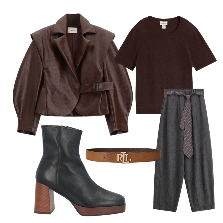 Outfit donna - Ufficio in autunno. Stile Urban per Ufficio. Abbinamento con stivaletti, t-shirt, bomber, pantaloni, cinture.