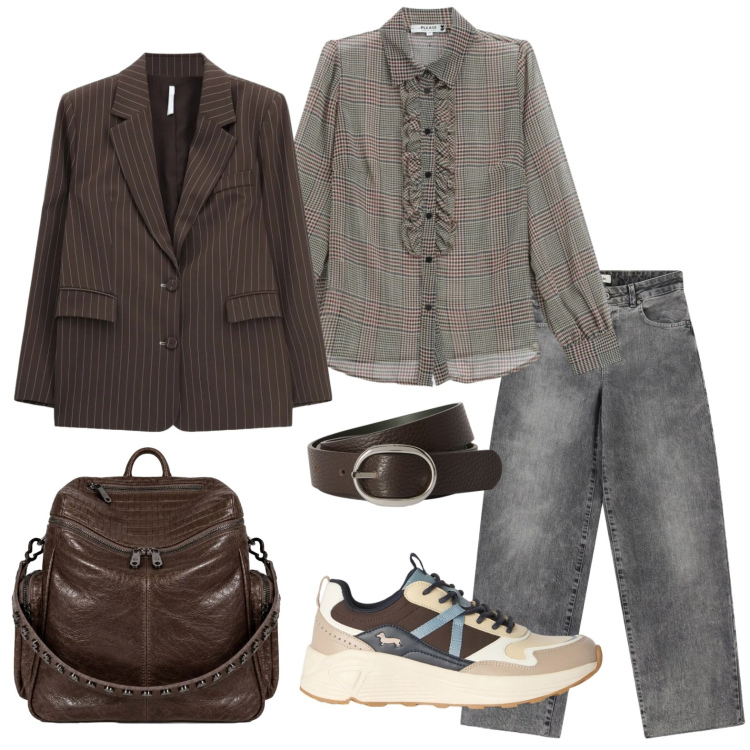 Outfit donna - Righe e rouches. Stile Casual per Ufficio. Abbinamento con sneakers, cinture, blazer, camicie, jeans, zaini.