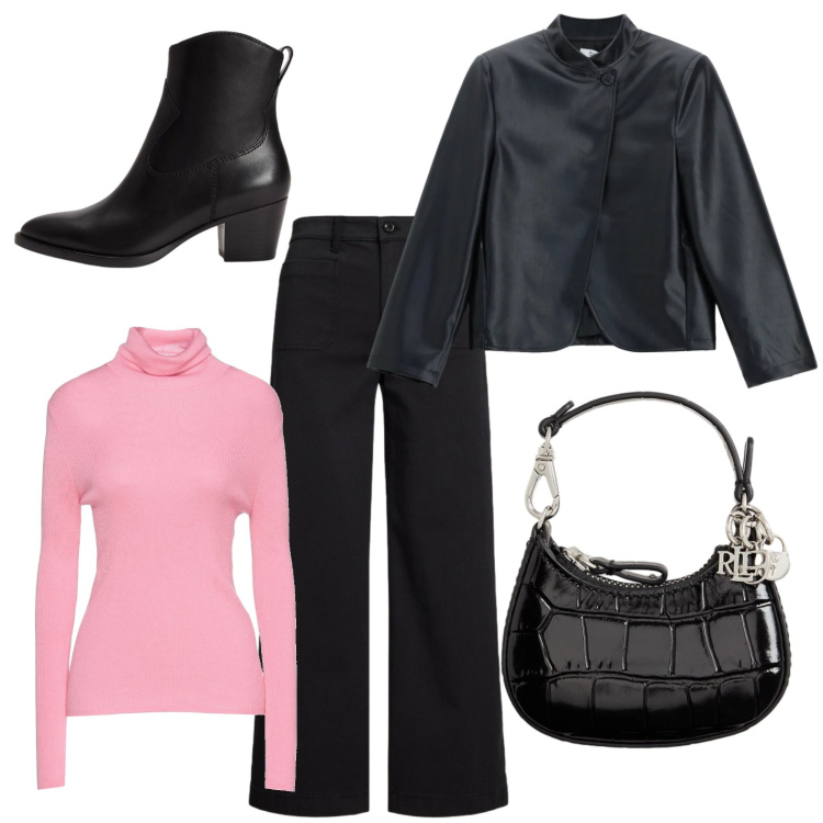 Outfit donna - Stile basic per la città. Stile Casual per Tutti i giorni. Abbinamento con maglieria, blazer, stivaletti chelsea, pantaloni, portachiavi.