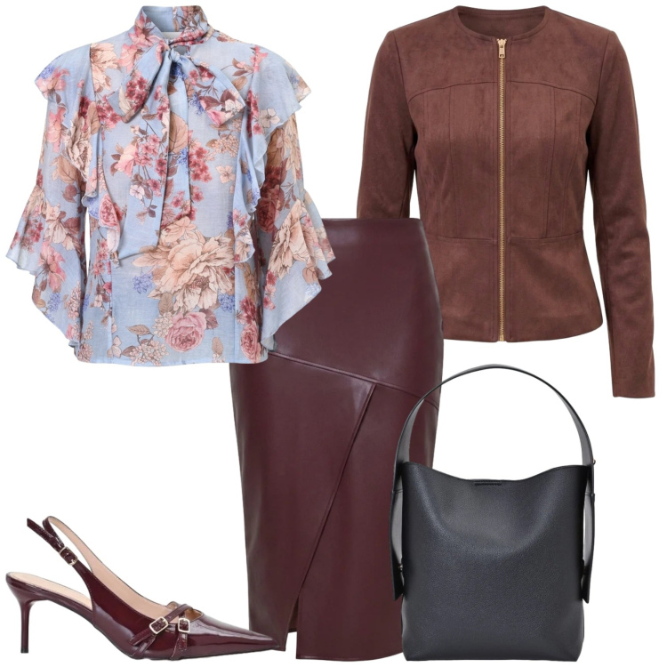 Outfit donna - Rinascimento. Stile Casual per Tutti i giorni. Abbinamento con gonne longuette, blazer, bluse, borse a spalla, décolleté.