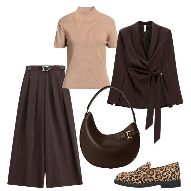 Outfit donna - Scalature di marrone. Stile Casual chic per Ufficio. Abbinamento con maglieria, mocassini, blazer, pantaloni a palazzo, borse a spalla.