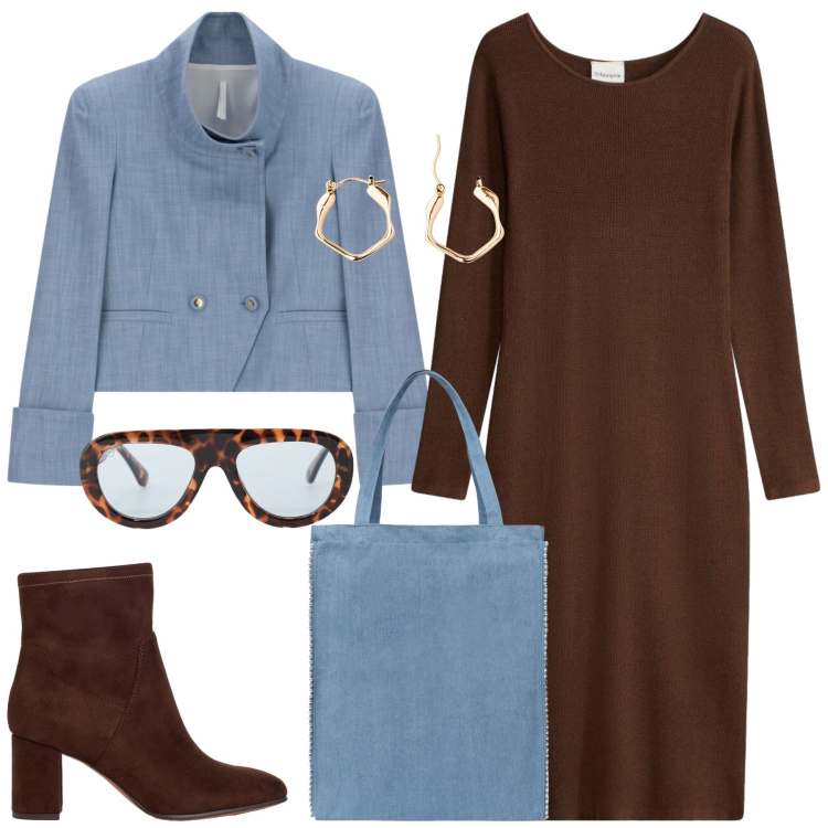 Outfit donna - In città. Stile Casual chic per Tutti i giorni. Abbinamento con vestiti, orecchini, stivaletti, borse tote, cappotti, occhiali da sole.