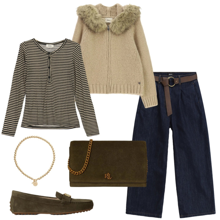Outfit donna - Mocassini e borsa verde bosco. Stile Casual per Tutti i giorni. Abbinamento con pantaloni a palazzo, cardigans, t-shirt, collane, mocassini, borse a tracolla.