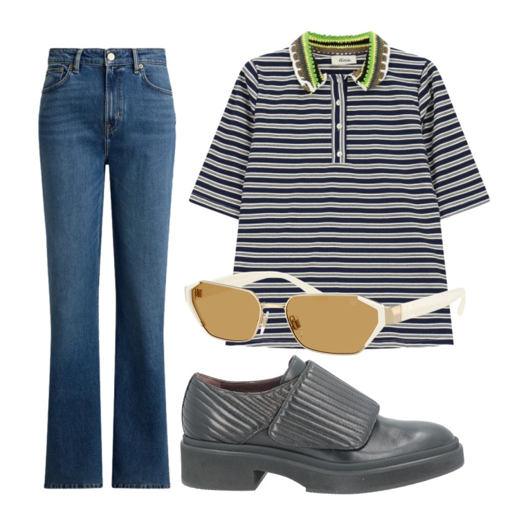 Outfit donna - Settembre curvy. Stile Preppy per Scuola/Università. Abbinamento con mocassini, polo, occhiali da sole, jeans dritti.