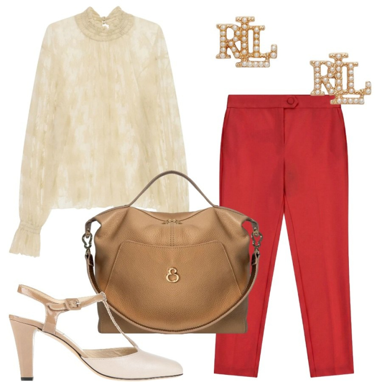 Outfit donna - Un tocco di rosso. Stile Bon Ton per Tutti i giorni. Abbinamento con décolleté, pantaloni, bluse, orecchini, borse a mano.