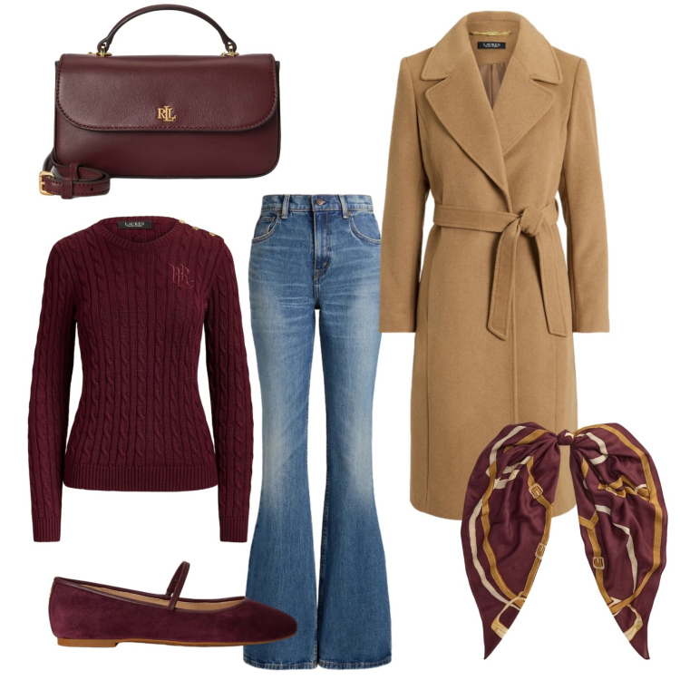 Outfit donna - Al lavoro in cammello e bordeaux. Stile Chic per Ufficio. Abbinamento con jeans, ballerine, borse a mano, foulard, maglieria, cappotti.