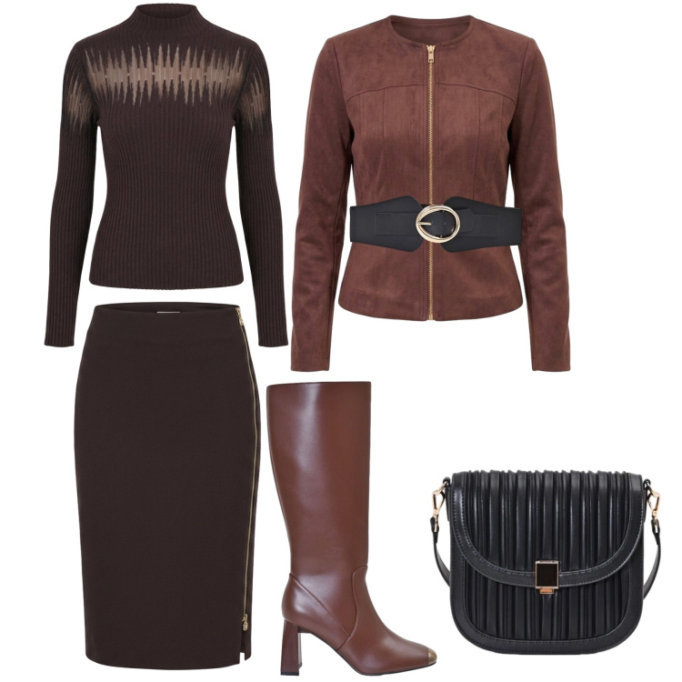 Outfit donna - Cioccolato. Stile Casual chic per Tutti i giorni. Abbinamento con pullovers, borse a tracolla, stivali sopra il ginocchio, gonne longuette, cinture, blazer.