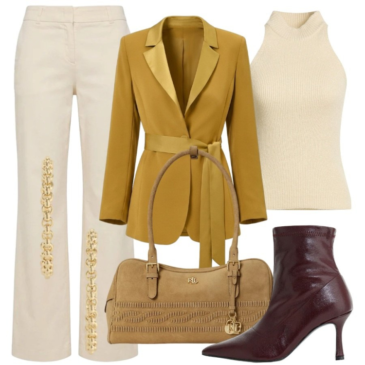 Outfit donna - Il blazer che illumina. Stile Glamour per Ufficio. Abbinamento con maglieria, pantaloni, stivaletti, blazer, borse a spalla, orecchini.