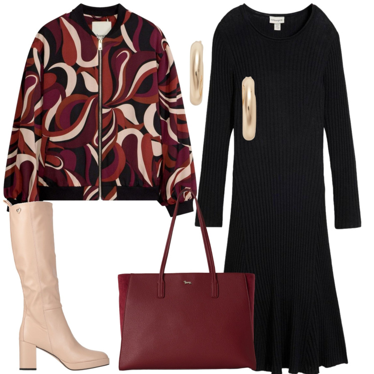 Outfit donna - In città. Stile Casual chic per Tutti i giorni. Abbinamento con stivali, bomber, vestiti, shopping bag, orecchini.
