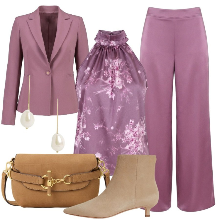 Outfit donna - Cerimonia a settembre. Stile Sporty chic per Cerimonia. Abbinamento con pantaloni a palazzo, top, blazer, borse a spalla, orecchini, stivaletti.