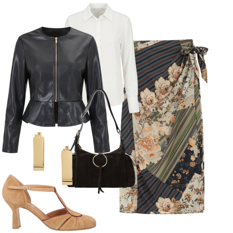 Outfit donna - City. Stile Urban per Tutti i giorni. Abbinamento con décolleté, gonne longuette, borse a spalla, camicie, giacche, orecchini.