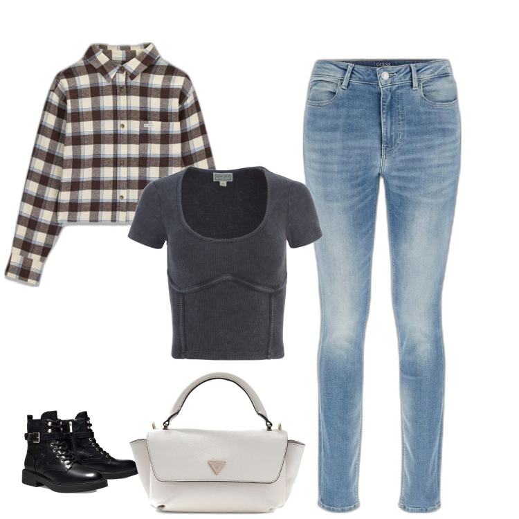 Outfit mujer - Casual chic #12911. Estilo Casual chic para Todos los días. Combinación con camisas, top, botas, vaqueros pitillo, bolsos de mano.