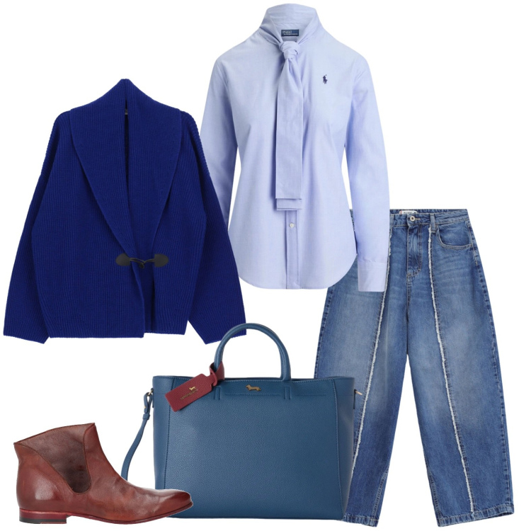 Outfit donna - In ufficio con la cravatta. Stile Casual per Ufficio. Abbinamento con stivaletti, borse a mano, jeans dritti, cardigans, camicie.