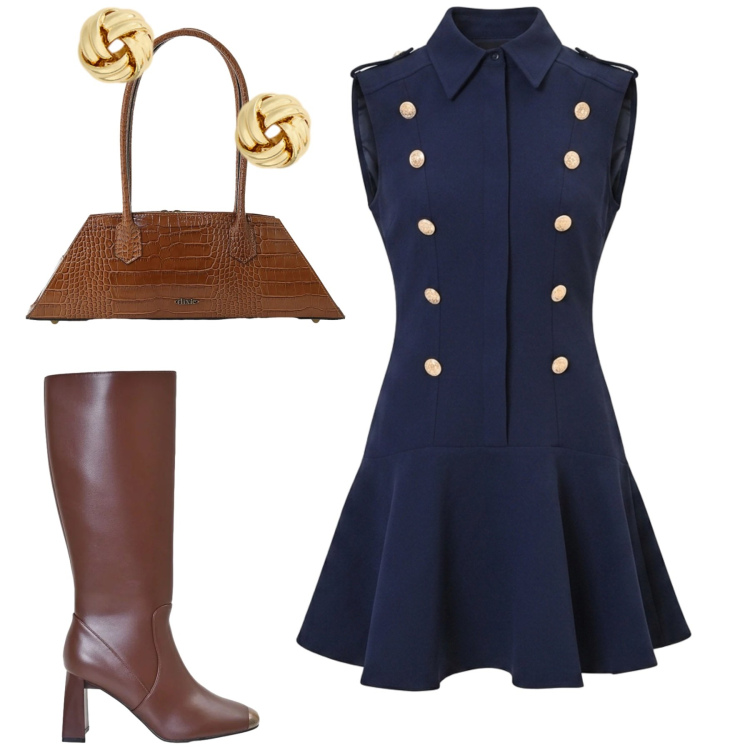 Outfit donna - Rinascimento. Stile Urban per Tutti i giorni. Abbinamento con borse a spalla, stivali sopra il ginocchio, vestiti corti, orecchini.