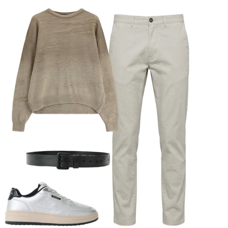 Outfit uomo - City. Stile Casual per Tutti i giorni. Abbinamento con pantaloni, maglieria, cinture, sneakers.
