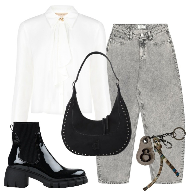 Outfit donna - Comodamente romantica. Stile Casual chic per Serata fuori. Abbinamento con stivaletti, jeans, borse a spalla, camicie, portachiavi.