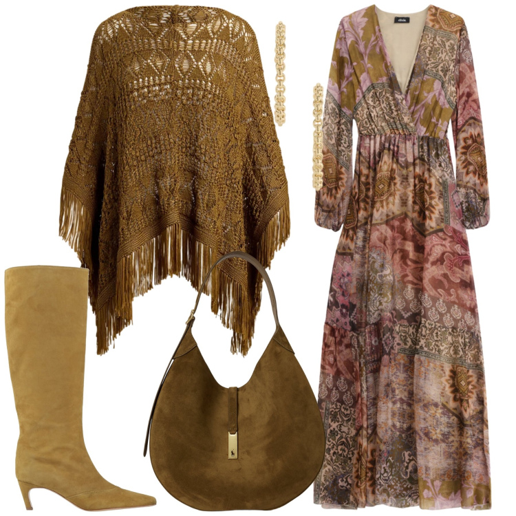Outfit donna - Un po’ folk. Stile Boho per Tutti i giorni. Abbinamento con stivali, vestiti lunghi, borse a spalla, cappotti, orecchini.