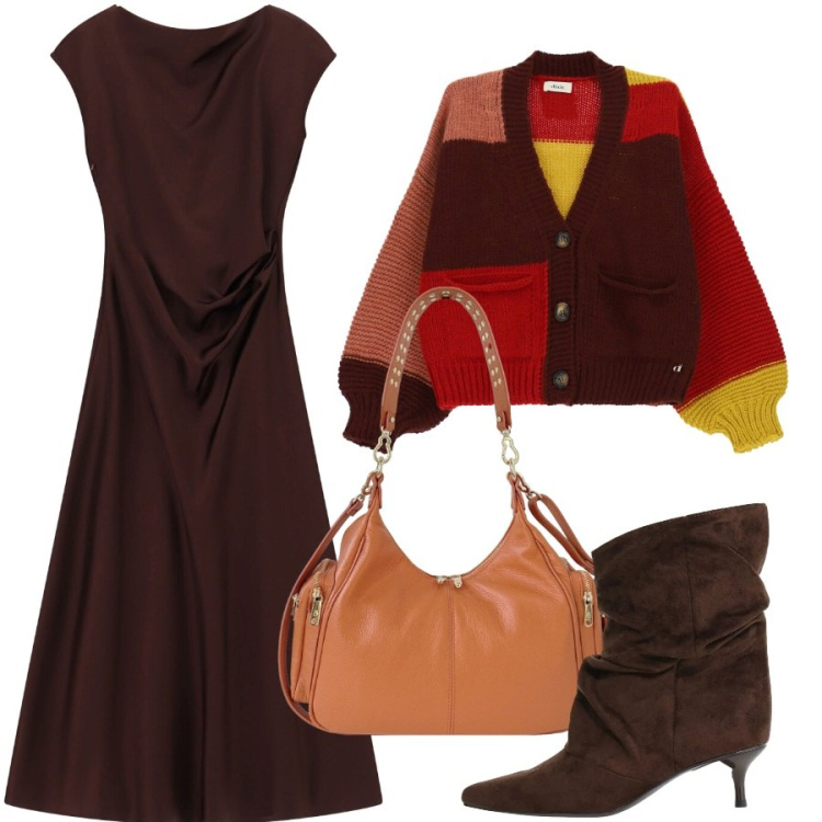 Outfit donna - Cardigan colorato. Stile Trendy per Tutti i giorni. Abbinamento con vestiti midi/longuette, stivali, cardigans, borse a spalla.