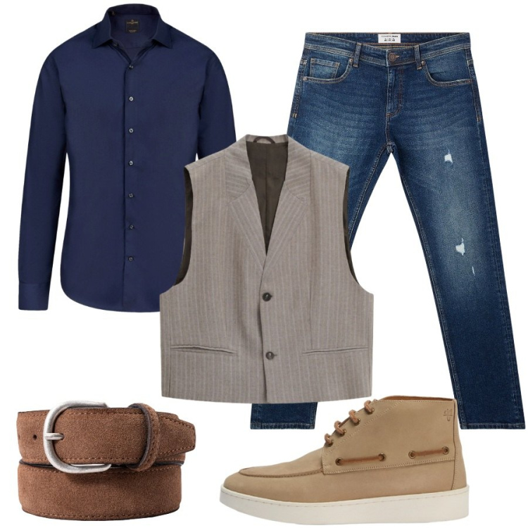 Outfit uomo - Di sera. Stile Casual per Serata speciale. Abbinamento con stivali e stivaletti, gilet, camicie, cinture, jeans strappati.