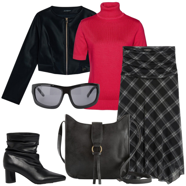 Outfit donna - In città. Stile Casual chic per Tutti i giorni. Abbinamento con gonne, maglieria, borse a tracolla, stivaletti, blazer, occhiali da sole.