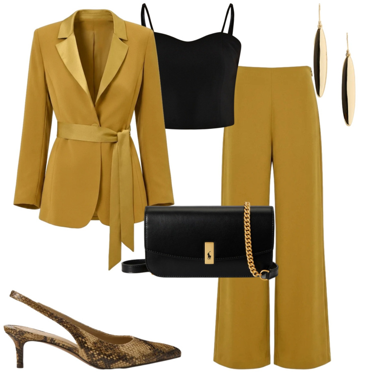 Outfit donna - Cerimonia. Stile Chic per Cerimonia. Abbinamento con blazer, pantaloni a palazzo, top, clutch, décolleté, orecchini.