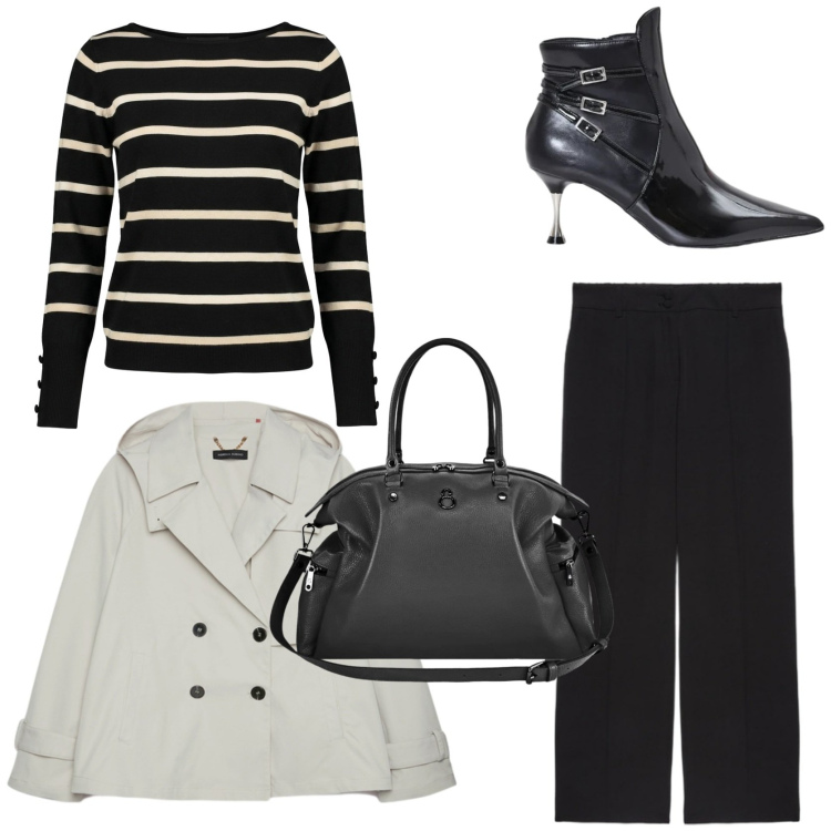 Outfit donna - Stilosa. Stile Chic per Tutti i giorni. Abbinamento con stivaletti, trench, pantaloni, shopping bag, maglieria.