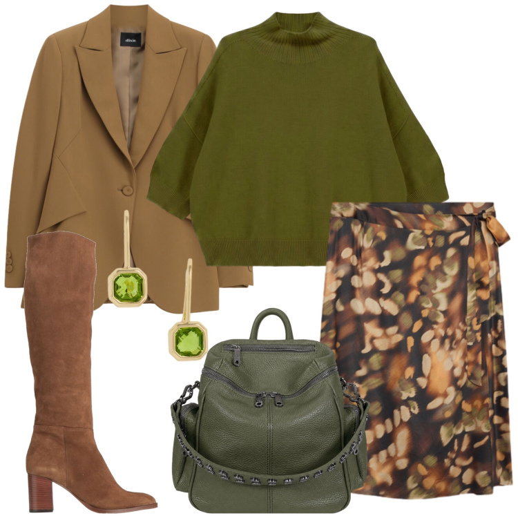 Outfit donna - In città. Stile Casual chic per Tutti i giorni. Abbinamento con stivali, maglieria, blazer, gonne longuette, zaini, orecchini.