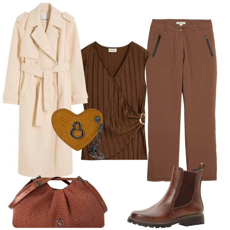 Outfit donna - In città. Stile Urban per Tutti i giorni. Abbinamento con pantaloni, trench, stivaletti, canottiere, clutch, portachiavi.