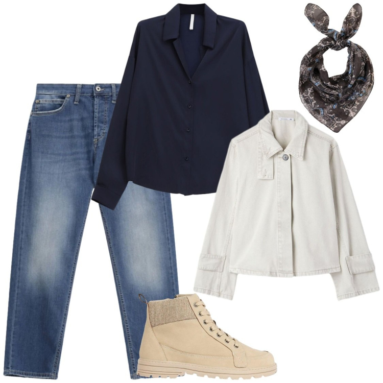 Outfit donna - Il mio look. Stile Chic per Tutti i giorni. Abbinamento con foulard, stivaletti, cappotti, camicie, jeans dritti.