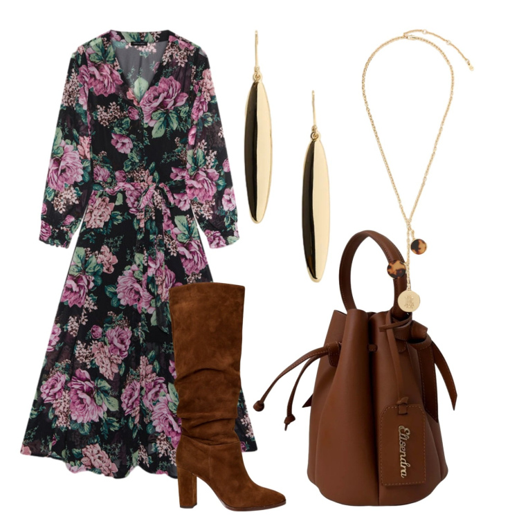 Outfit donna - Bentornato autunno. Stile Boho per Tutti i giorni. Abbinamento con vestiti midi/longuette, borse a secchiello, stivali, orecchini, collane.