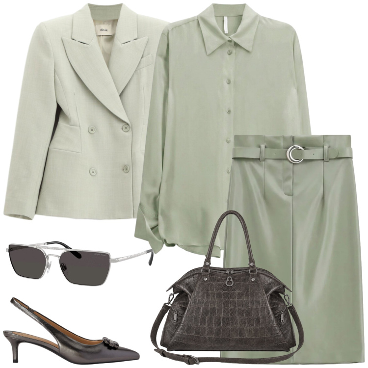 Outfit donna - In ufficio. Stile Chic per Ufficio. Abbinamento con camicie, gonne longuette, blazer, shopping bag, occhiali da sole, décolleté.