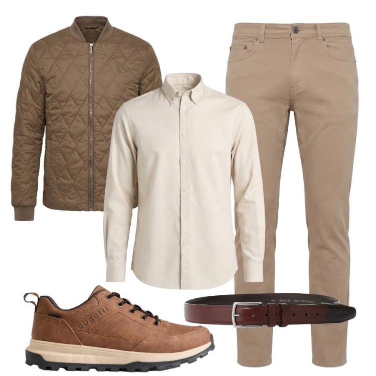 Outfit uomo - Toni neutri. Stile Casual per Ufficio. Abbinamento con pantaloni, piumini, camicie, cinture, sneakers.